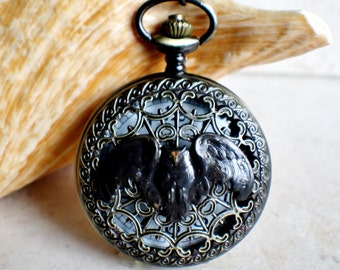 Owl pocket watch, mens pocket watch with flying owl mounted on front case
