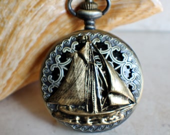 Nautical pocket watch, men's pocket watch, nautical theme,  front case is mounted with sail boat.