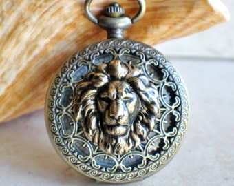 Lion Mechanical Pocket Watch: Bronze Case, Tiger Eye Chain