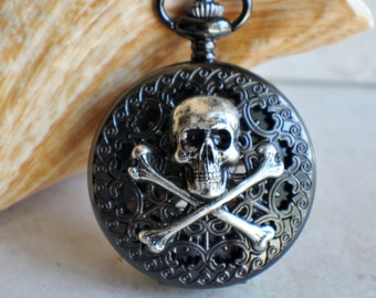 Skull and Crossbones pocket watch, men's black mechanical pocket watch, front case is mounted with skull and crossbones