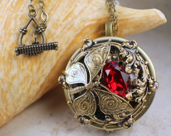 Red Crystal Butterfly Music Box Locket, Round Music Box Pendant, Music Box Jewelry, Musical Photo Locket, Music Box Necklace