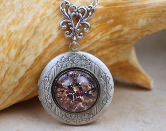 Amethyst Glass Fire Opal Photo Locket: Silver Keepsake Necklace