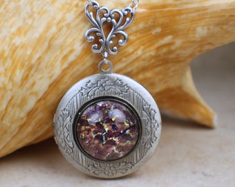 Amethyst Glass Fire Opal Locket, Small Photo Locket, Photo Locket Necklace, Picture Locket, Keepsake Photo Locket, Wedding Photo Locket