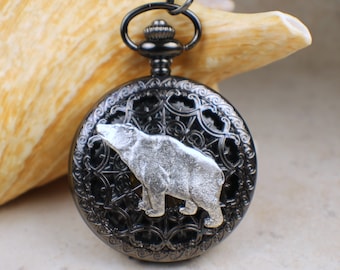 Silver Bear Mechanical Pocket Watch - Black Case, Roman Numerals