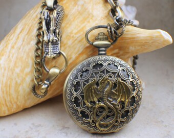 Bronze Dragon Locket Necklace: Steampunk Watch Jewelry