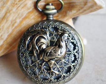 Bronze Rooster Pocket Watch with Tiger Eye Chain