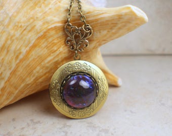 Red Dragon's Breath Opal Photo Locket: Bronze Filigree Necklace