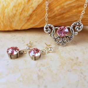 Rose Crystal Jewelry Set, Wedding Jewelry Set, Victorian Wedding Set, Goth Wedding Jewelry, Art Nouveau Jewelry Set, Earring & Necklace