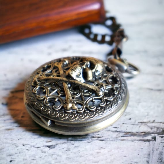 Skull & Crossbones Bronze Mechanical Pocket Watch: Beaded Chain