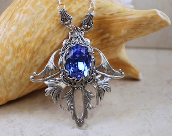 Gothic Blue Crystal Necklace, Sapphire Filigree Necklace, Wedding Pendant, Victorian Wedding Necklace, Goth Wedding Jewelry, Crystal Pendant