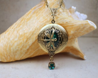 Emerald Crystal Photo Locket, Small Photo Locket, Photo Locket Necklace, Dragonfly Locket, Keepsake Photo Locket, Wedding Photo Locket