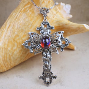 Silver Cross, Butterfly Cross, Victorian Cross, Faith Jewelry, Large Cross Necklace, Ornate Cross, Victorian Renaissance Cross