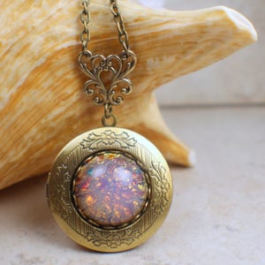 Pink Glass Fire Opal Locket, Small Photo Locket, Photo Locket Necklace, Picture Locket, Keepsake Photo Locket, Wedding Photo Locket