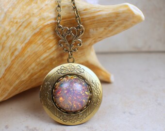 Pink Glass Fire Opal Locket, Small Photo Locket, Photo Locket Necklace, Picture Locket, Keepsake Photo Locket, Wedding Photo Locket