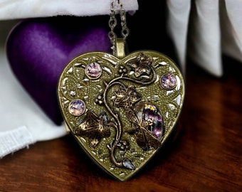 Amethyst music box locket, Music box locket, Music box pendant, Amethyst locket, Heart shaped locket, Music Box necklace, Photo locket