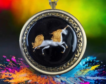 Unicorn Locket. Czech Glass Unicorn, Music Box Locket, Heart Music Box Pendant, Music Box Jewelry, Unicorn Photo Locket, Music Box Necklace