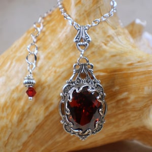 Gothic Crystal Red Necklace,  Crystal Filigree Necklace, Wedding Pendant, Red Crystal Necklace,  Goth Wedding Jewelry, Red Crystal Pendant,