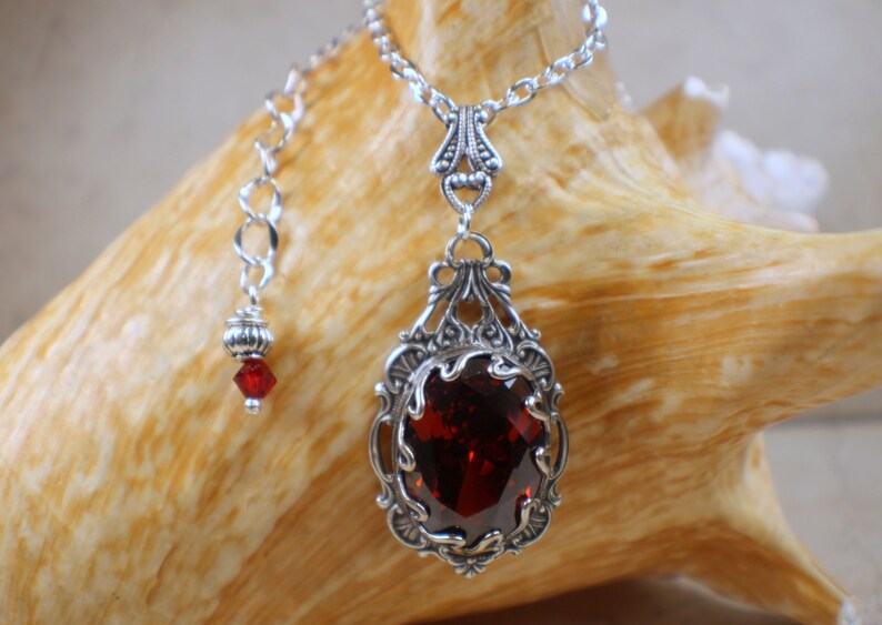 Gothic Crystal Red Necklace, Crystal Filigree Necklace, Wedding Pendant, Red Crystal Necklace, Goth Wedding Jewelry, Red Crystal Pendant, image 1
