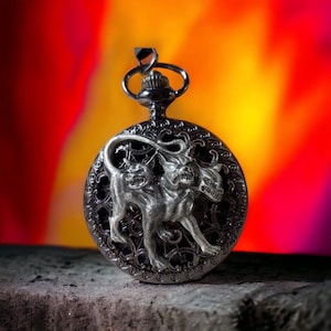 Cerberus pocket watch, mens black mechanical pocket watch with cerberus mounted on front case