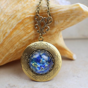 Sapphire Blue Glass Fire Opal Locket, Small Photo Locket, Photo Locket Necklace, Picture Locket, Keepsake Photo Locket, Wedding Photo Locket