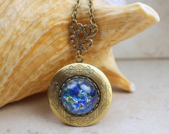 Sapphire Blue Fire Opal Locket: Bronze Photo Keepsake Necklace