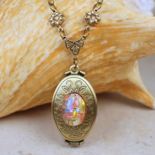 Monet Red Sunset Glass Opal Bronze Photo Locket, Folding Photo Locket Necklace, Multi Picture Locket, Photo Locket, Multi Frame Locket