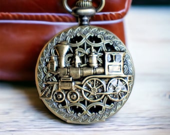 Antique Bronze Train Pocket Watch Necklace: Personalized  display picture 1