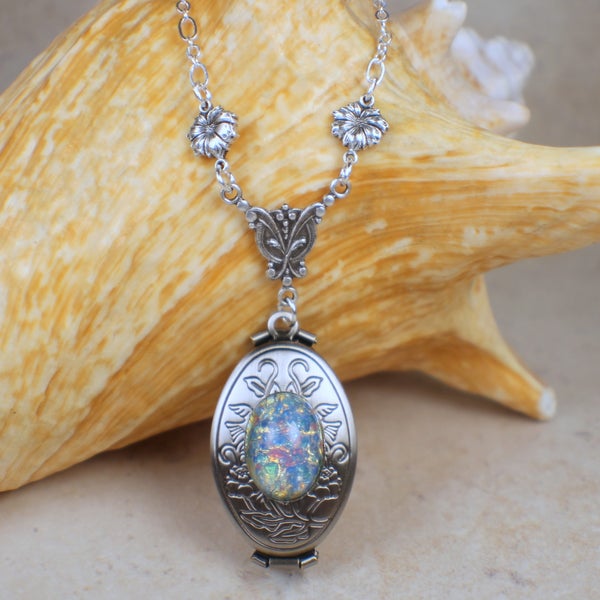 Blue Harlequin Glass Opal Silver Photo Locket, Folding Photo Locket Necklace, Multi Picture Locket, Photo Locket, Multi Frame Locket