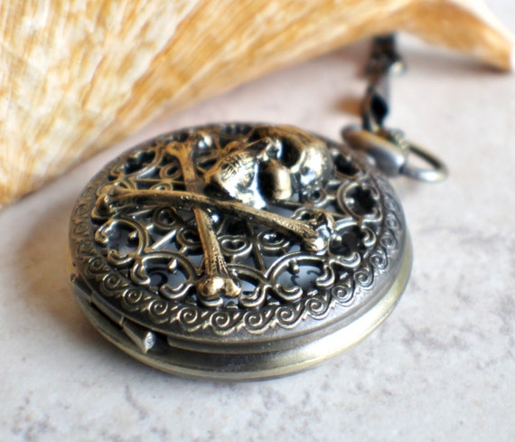 Pocket Watch Skull and Crossbones Bronze : Beaded Clip Chain - Etsy