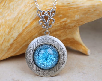 Aqua Glass Opal Locket, Small Photo Locket, Photo Locket Necklace, Picture Locket, Keepsake Photo Locket, Wedding Photo Locket