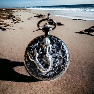 Mermaid pocket watch, mens black mechanical pocket watch with mermaid mounted on front case