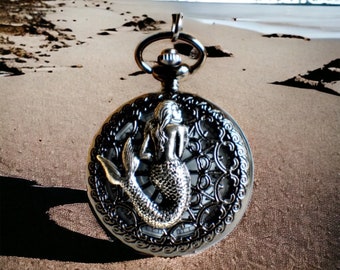 Mermaid pocket watch, mens black mechanical pocket watch with mermaid mounted on front case