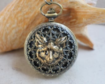 Bronze Fox Pocket Watch, Mens Wedding Gift, 13" Chain