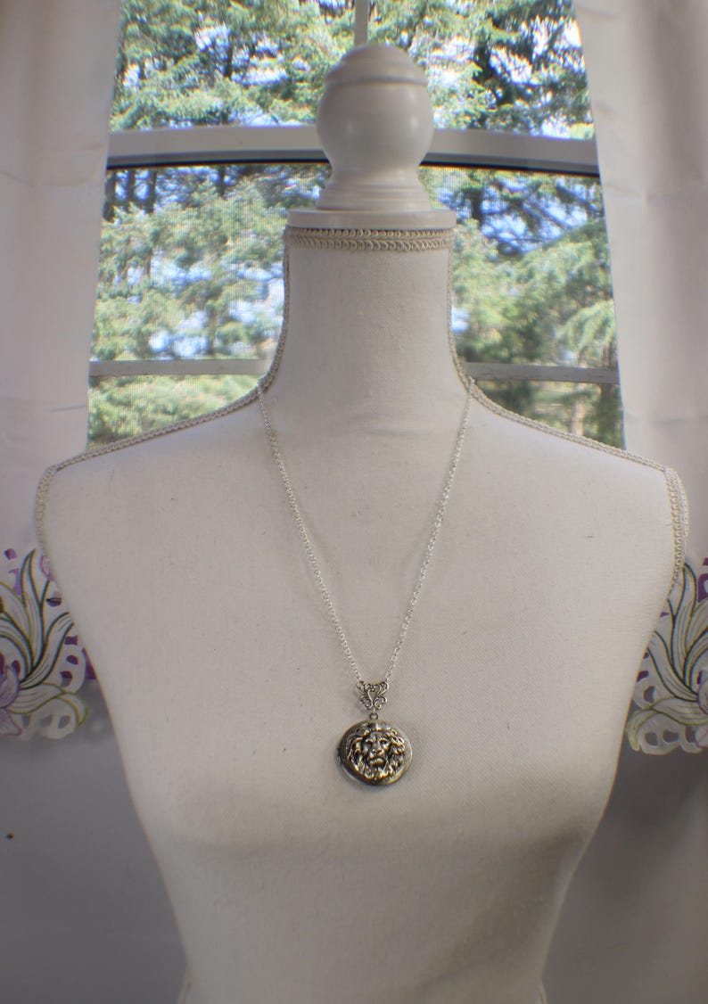 May include: A silver chain necklace with a round locket pendant featuring a detailed lion head design.