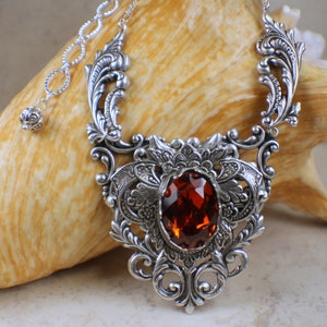 Gothic Red Crystal Necklace, Large Filigree Necklace, Wedding Pendant, Victorian Wedding Necklace, Goth Wedding Jewelry, Crystal Pendant