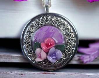 Floral Music Box Locket, Music Box Necklace, Mini Music Box, Clay Locket, Floral Theme Music Box, Hand Made Flower Locket