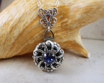 Sapphire Crystal Photo Locket: Silver Filigree Multi-Picture Necklace