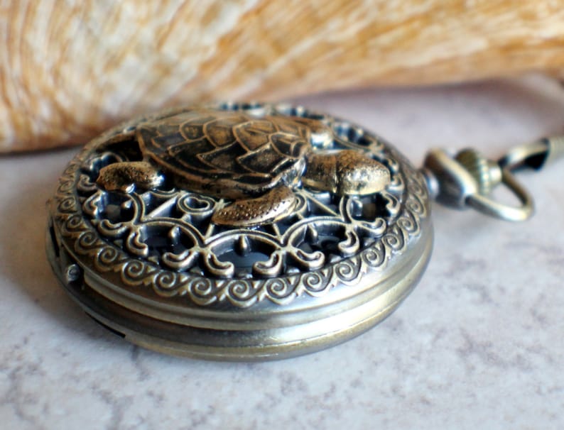 Sea turtle men's pocket watch, front case is mounted with bronze sea turtle image 2