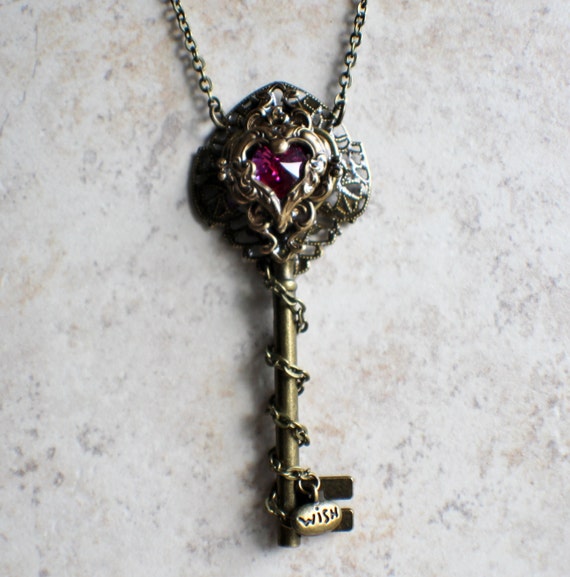 Victorian Skeleton Key Pendant Crystal Heart Key Pendant | Etsy