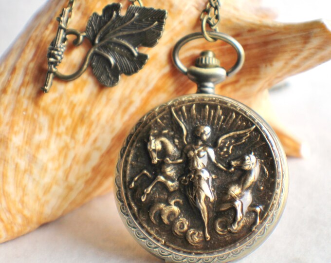 Angel Pocket Watch Pendant, Pocket Watch With Bronze Angels and Horses