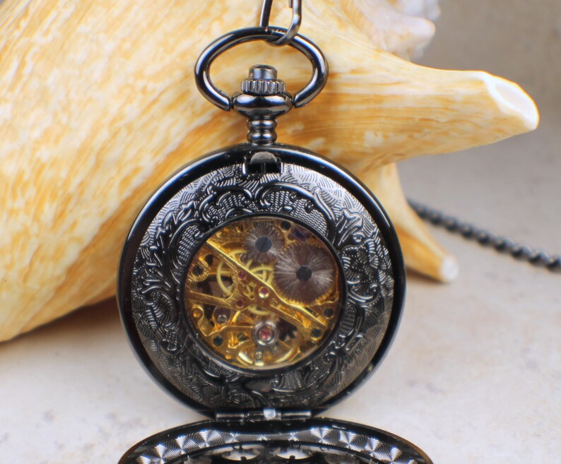 Tiong Black Double Deer Mechanical Pocket Watch - Roman Numeral Dial With Chain
