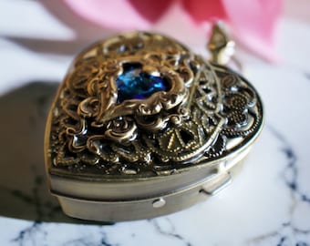 Music Box Locket Bronze Heart : Blue Crystal Filigree Pendant