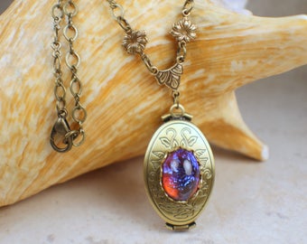 Dragons Breath Fire Opal Bronze Photo Locket, Folding Photo Locket Necklace, Multi Picture Locket, Photo Locket, Multi Frame Locket