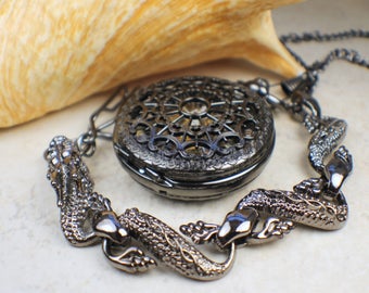 Black Dragon Mechanical Pocket Watch with Silver  Fob