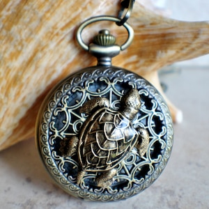 Sea turtle men's pocket watch, front case is mounted with bronze sea turtle image 1