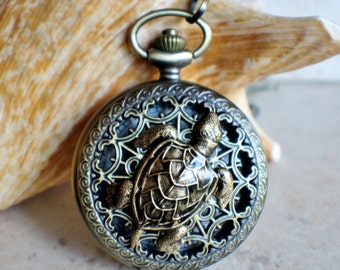 Bronze Sea Turtle Pocket Watch - Tiger Eye Chain