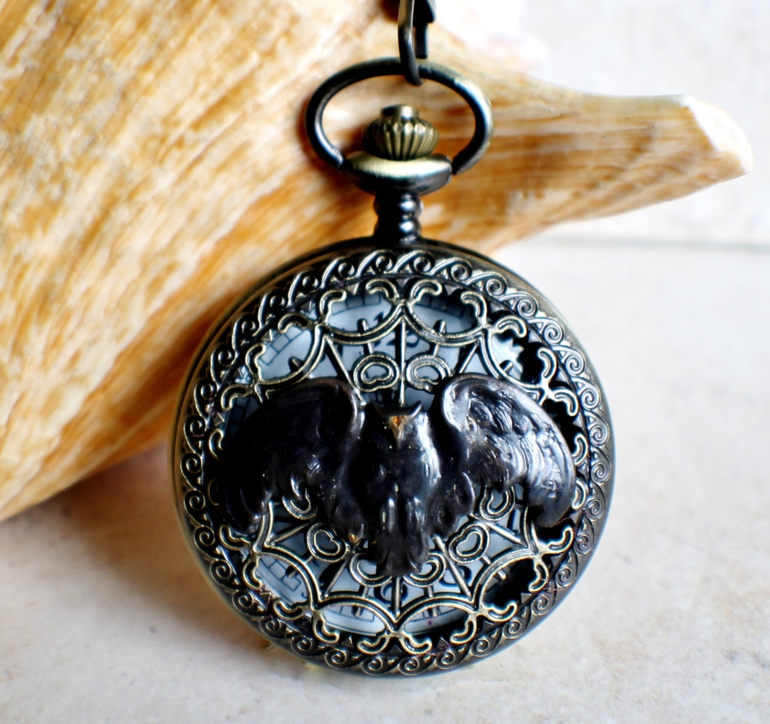 Owl Pocket Watch, Mens Pocket Watch With Flying Owl Mounted on Front
