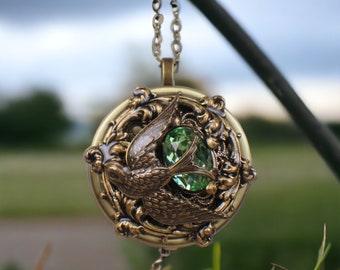 Green Crystal Dove Music Box Locket, Round Music Box Pendant, Music Box Jewelry, Musical Photo Locket, Music Box Necklace