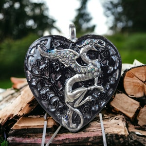 Griffin music box locket, Heart music box pendant, Music box jewelry, Musical Photo locket, Music box necklace, Mythical Griffin. image 1