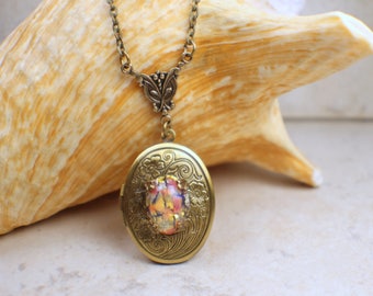 Red and Gold Harlequin Locket, Small Photo Locket, Photo Locket Necklace, Picture Locket, Keepsake Photo Locket, Wedding Photo Locket